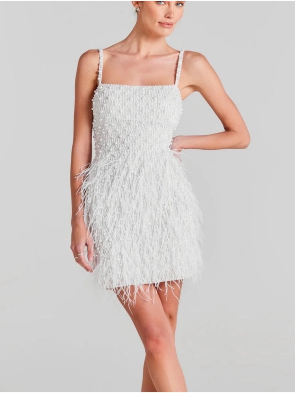 NADINE MERABI White Beaded Feather Mini Dress